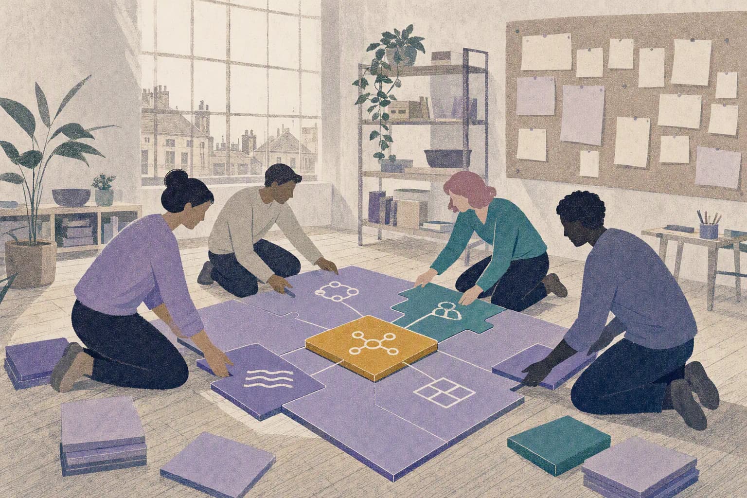 Four people kneel around a large square of interlocking coloured tiles on a workshop floor, fitting new tiles to its edges, with a gold tile at the centre.