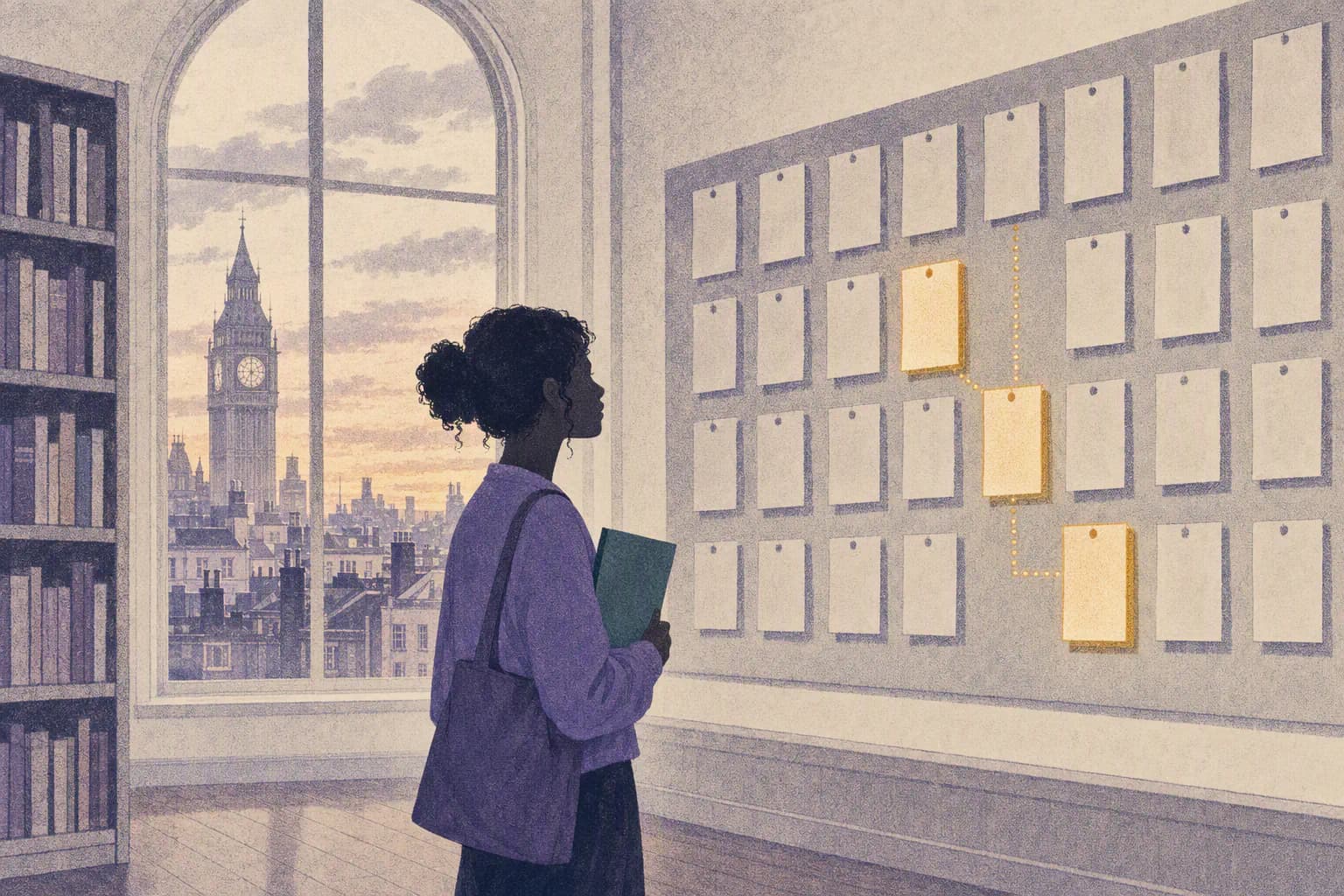 A graduate stands in a library at dusk facing a wall of pinned job adverts, three of them lit gold and linked by a dotted line, with a London skyline through the arched window behind.